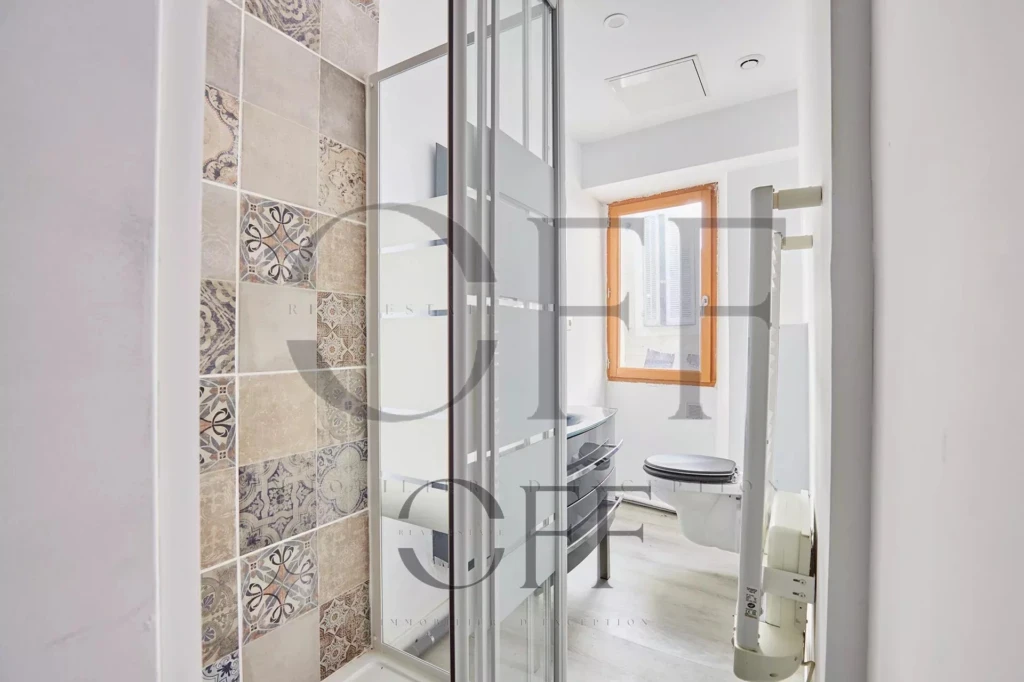 Salle de bain moderne avec douche vitrée, carrelage décoratif et WC, éclairée par une fenêtre.