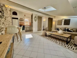 Salon spacieux et lumineux avec toit en pente et décoration moderne.
