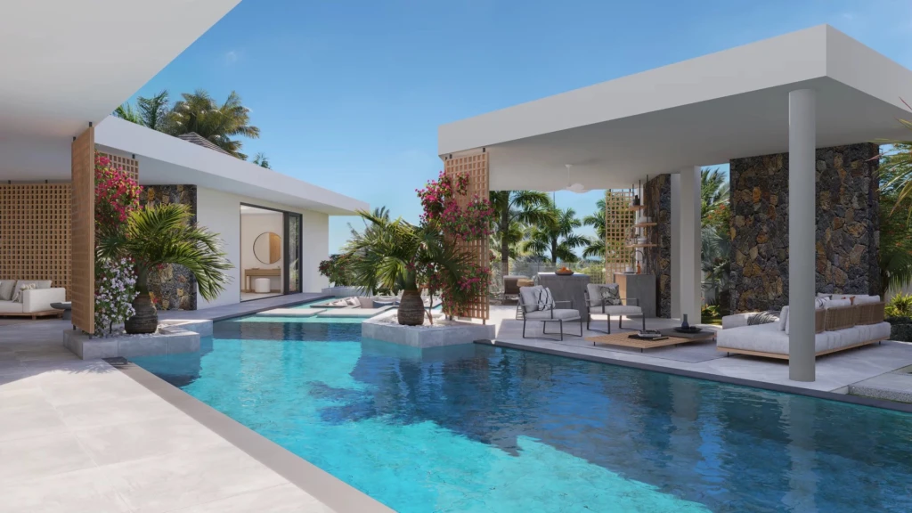 Belle résidence avec une piscine extérieure moderne et un espace lounge élégant. -Elegance Properties