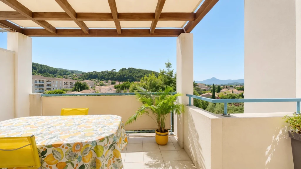 Terrasse couverte par une pergola en bois avec espace repas et vue sur les collines environnantes.