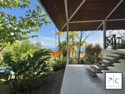 Terrasse spacieuse avec vue sur la nature et la mer en arrière-plan.