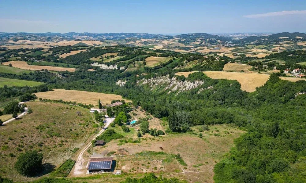 Vue panoramique sur la campagne verdoyante et les collines agricoles.