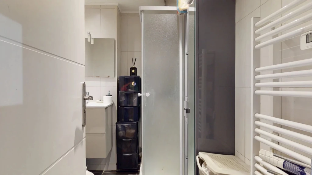 Une salle de bain moderne avec une cabine de douche, un lavabo, un miroir, et un radiateur mural.