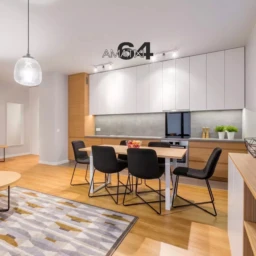 Interior of stylish modern studio apartment with kitchenette