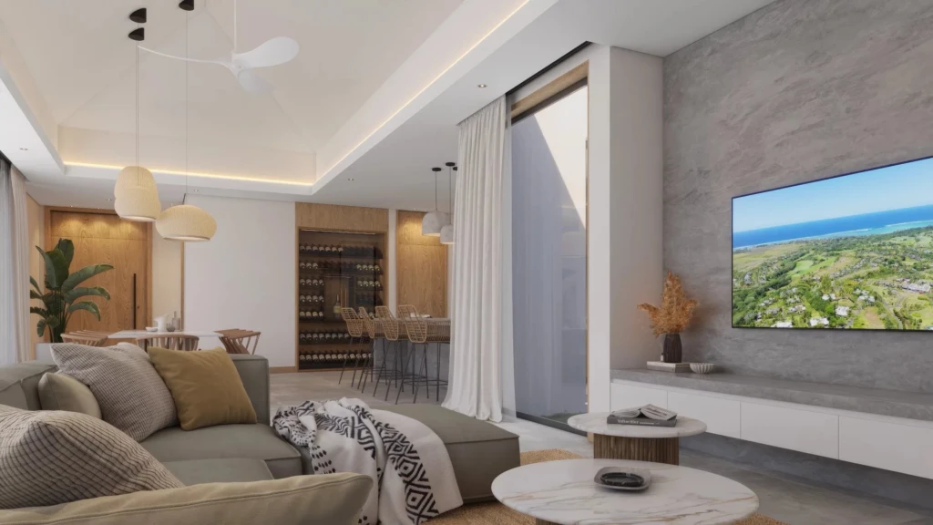 Salon moderne lumineux avec vue sur la mer dans une résidence élégante. -Elegance Properties