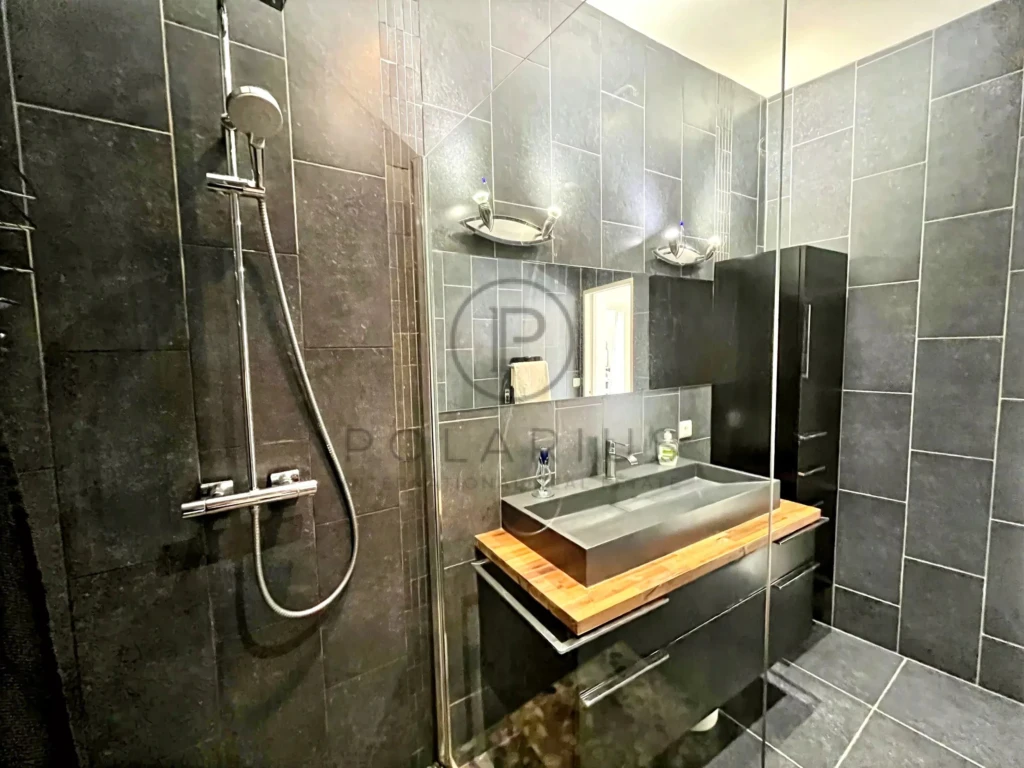 Salle de bain moderne avec douche à l'italienne et lavabo en marbre.
