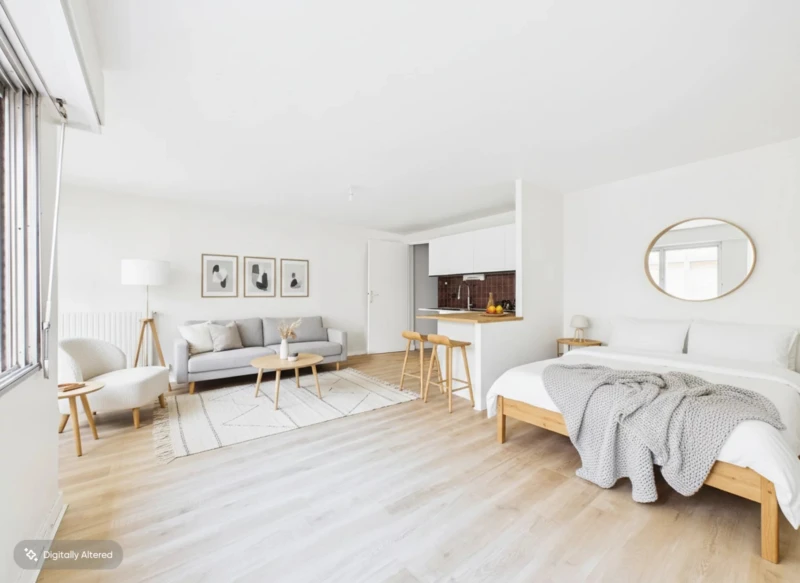 Salon lumineux et spacieux avec cuisine ouverte