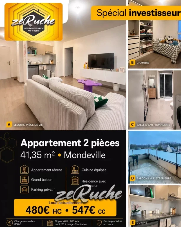 Charmant appartement de 2 pièces de 41,35 m² à Mondeville, avec un grand balcon et parking privé.