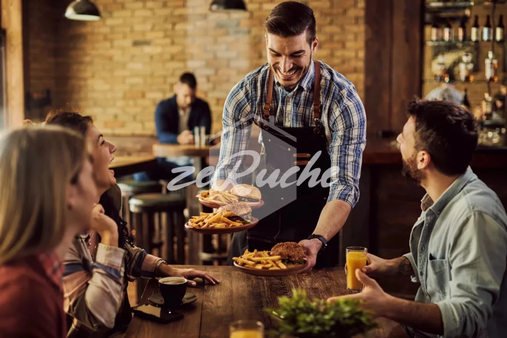 Group of happy friends having fun while waiter is serving them food in a pub. Focus is on waiter.