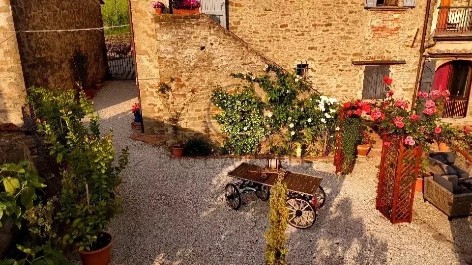 Charmant patio avec mobilier en pierre et décoration florale.