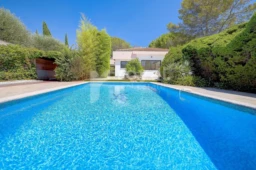 Piscine moderne dans un jardin arboré, idéale pour se détendre en toute tranquillité