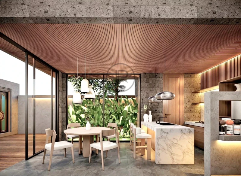 Cuisine moderne avec table à manger ronde, plafond en bois et grandes fenêtres donnant sur la nature.