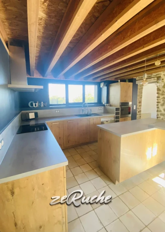 Cuisine spacieuse avec des meubles en bois et des grandes fenêtres lumineuses.