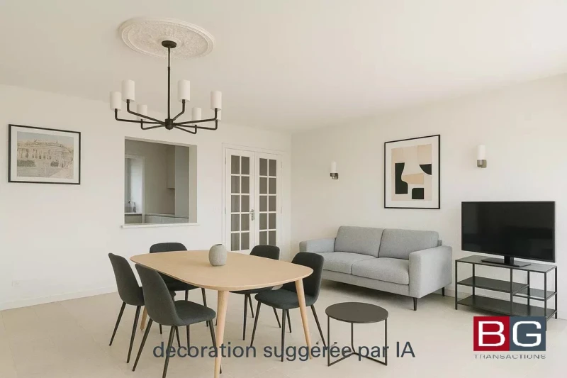 Un salon moderne et épuré avec une table à manger et des chaises noires, un canapé gris, une télévision et des murs décorés de tableaux.