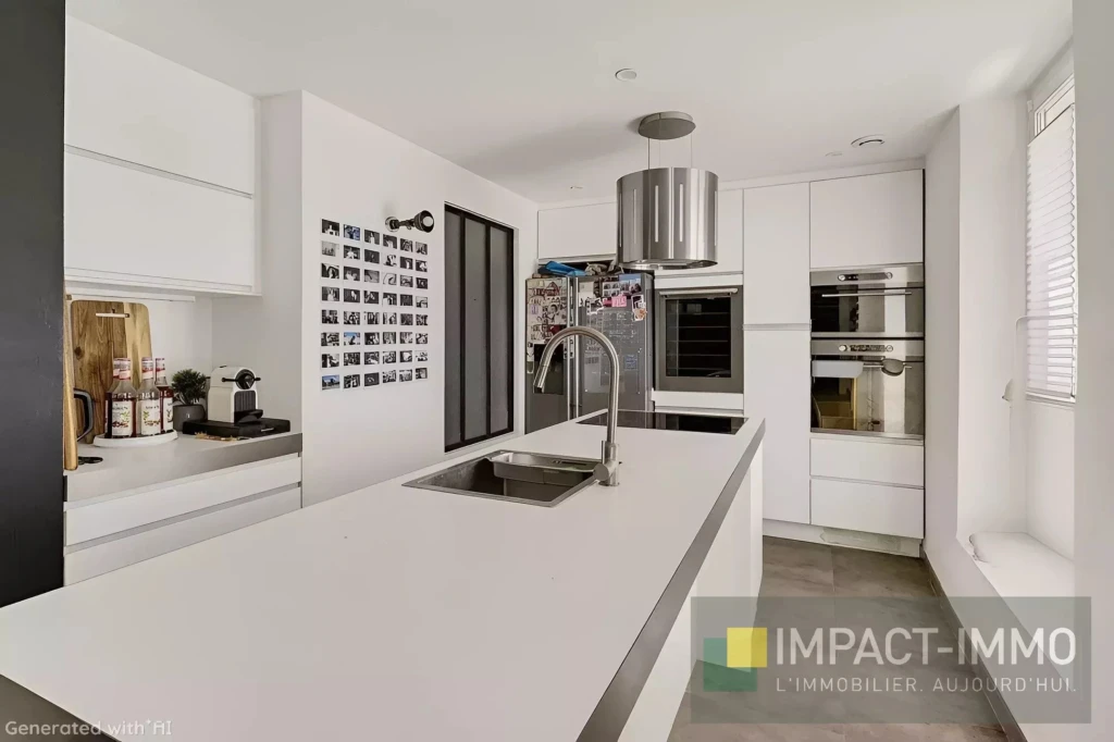 Cuisine moderne et lumineuse avec un plan de travail en quartz blanc et des appareils intégrés.