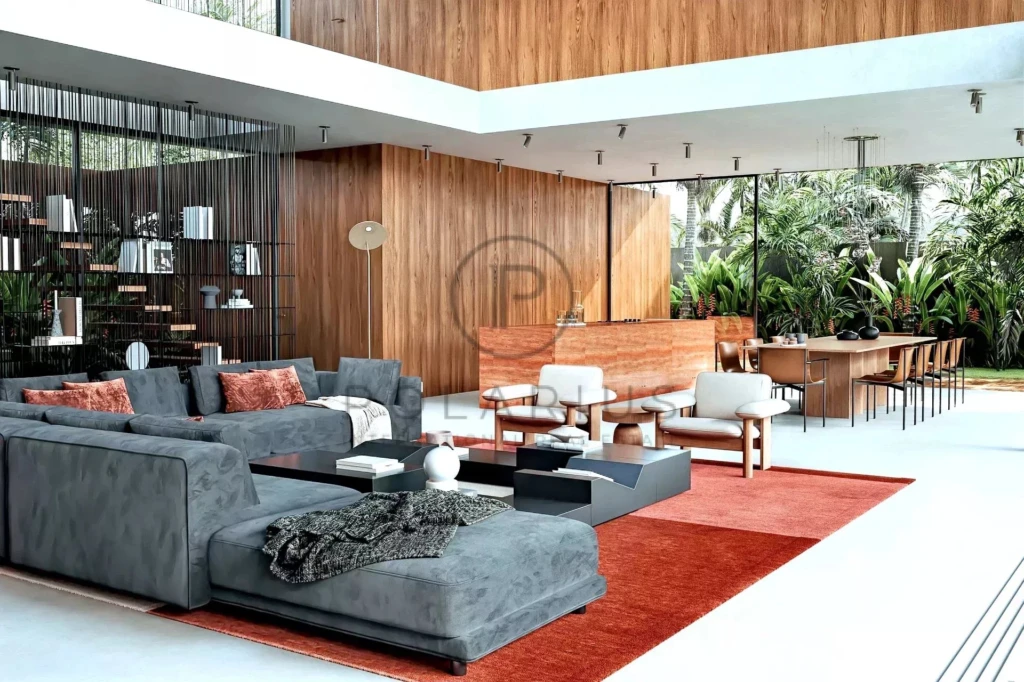 Un salon moderne et spacieux avec un mobilier confortable, des murs en bois, et une grande ouverture sur un jardin verdoyant.