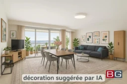 Salon moderne avec une décoration épurée, des plantes vertes, des tableaux et une vue sur l'extérieur.