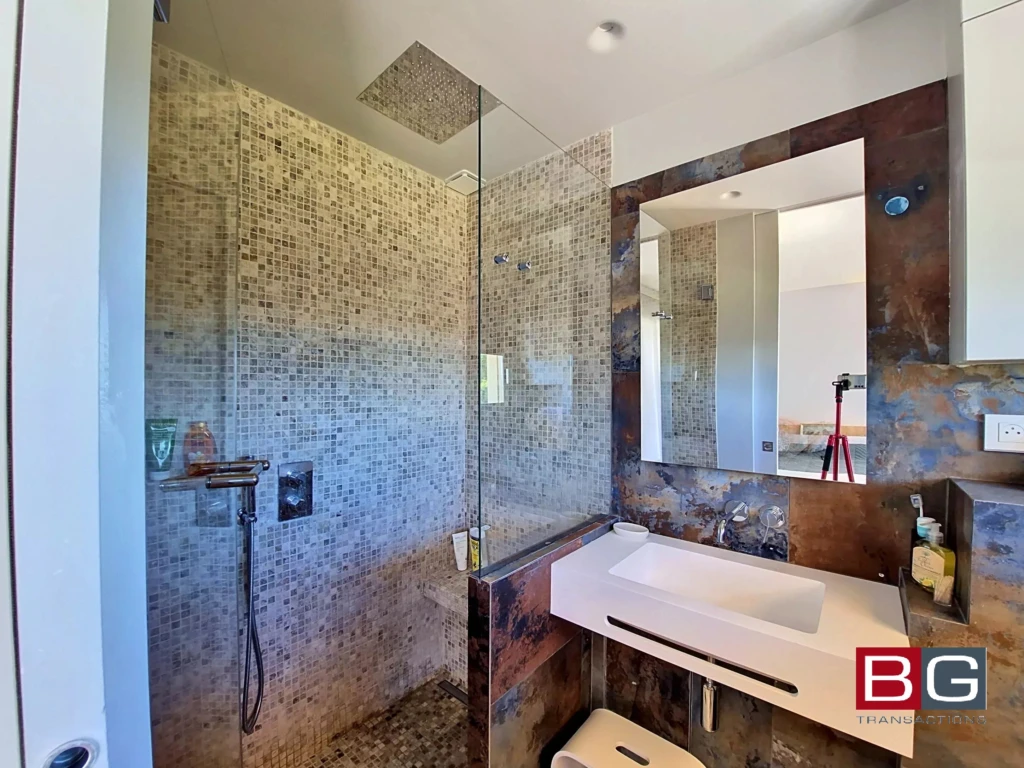 Salle de bain moderne avec douche à l'italienne et lavabo élégant.