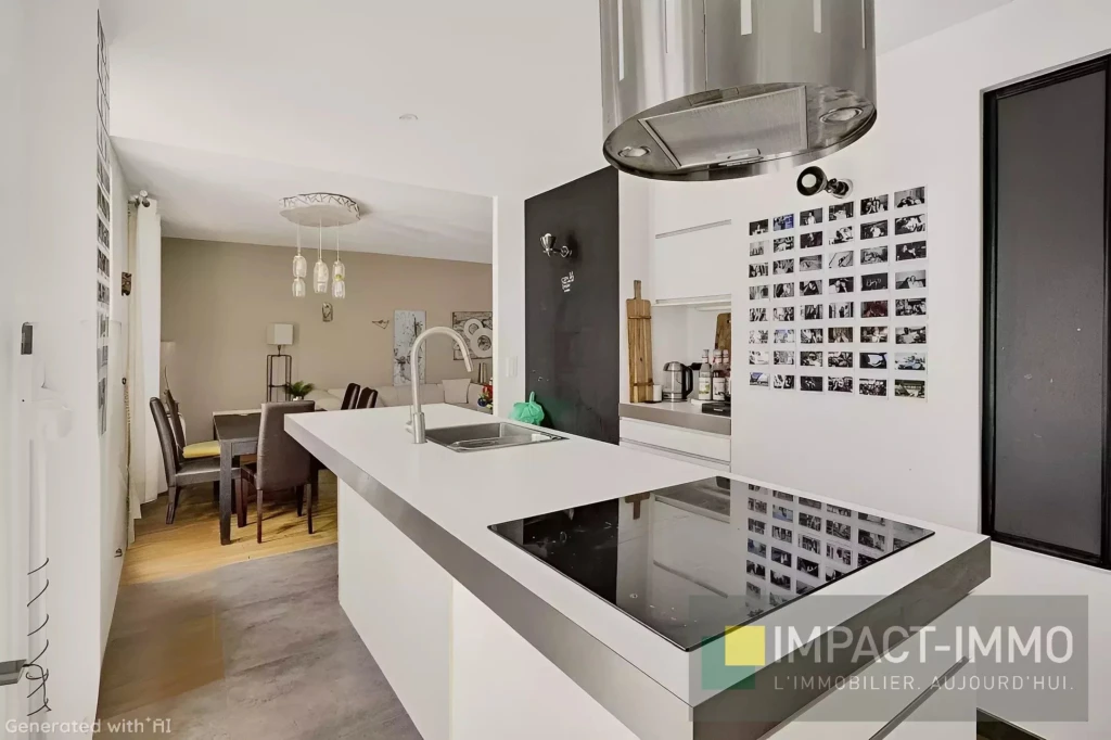 Cuisine moderne avec comptoir en quartz et appareils intégrés, ouverte sur la salle à manger élégante.