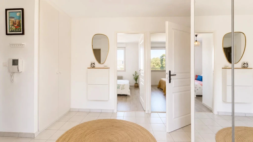 Dégagement d'entrée avec grands placards sur mesure et miroir mural desservant les différentes pièces.