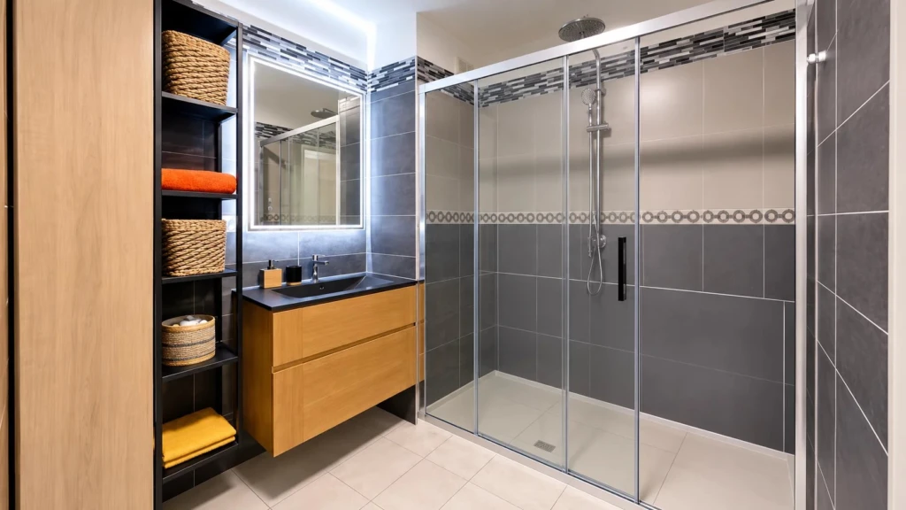 Salle d'eau contemporaine dotée d'une grande douche à l'italienne et d'un meuble vasque en bois.