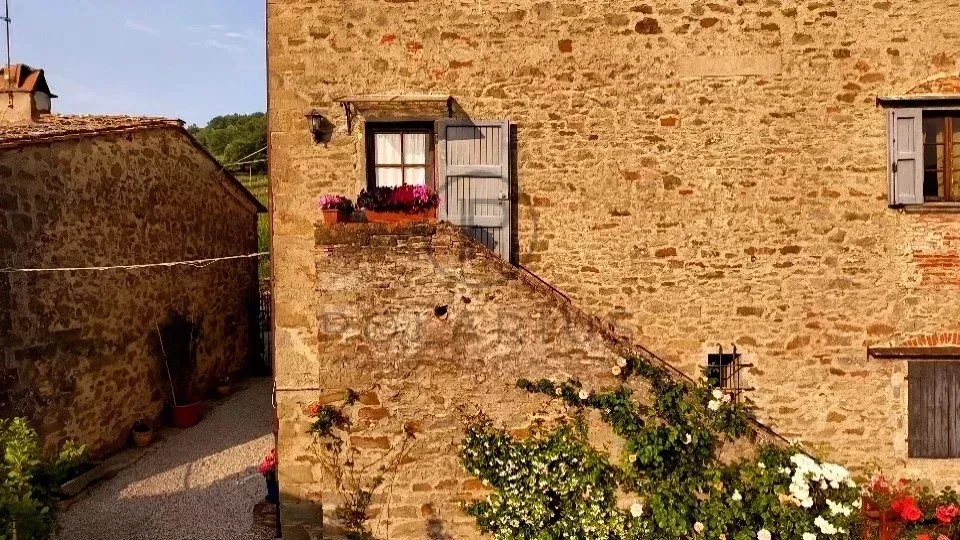 Charmante maison en pierre avec une façade rustique et des fenêtres agrémentées de fleurs.
