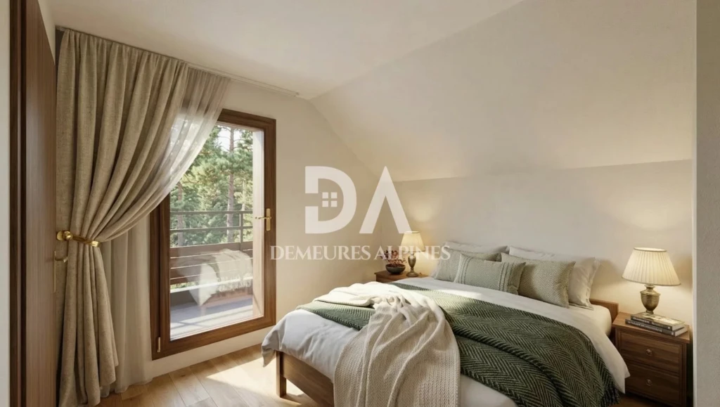 Chambre lumineuse avec vue sur l'extérieur et mobilier moderne.