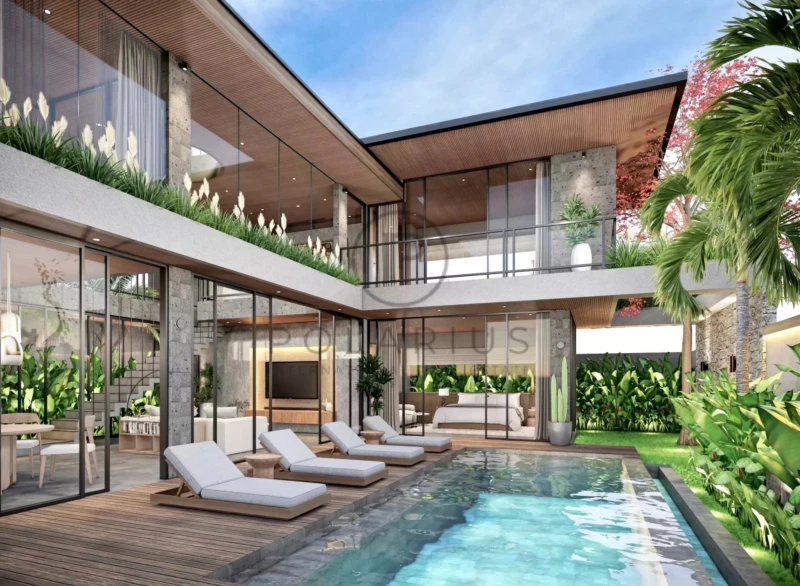 Une villa moderne avec piscine, entourée de verdure et dotée de grandes baies vitrées.