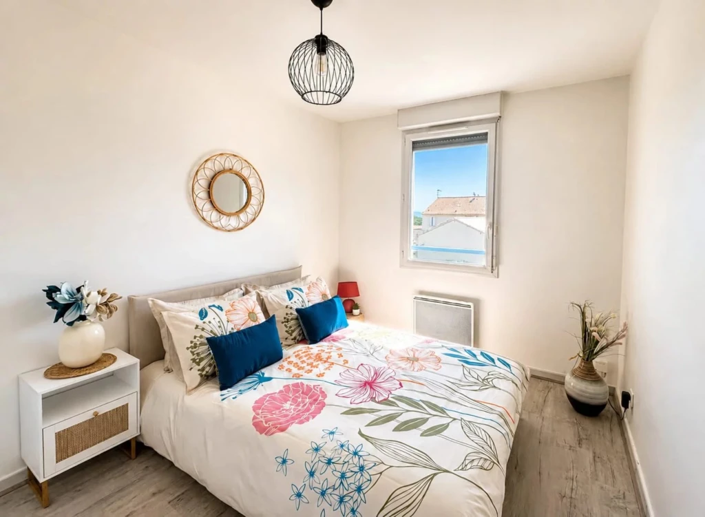 Seconde chambre lumineuse avec parquet au sol et fenêtre offrant une vue dégagée.