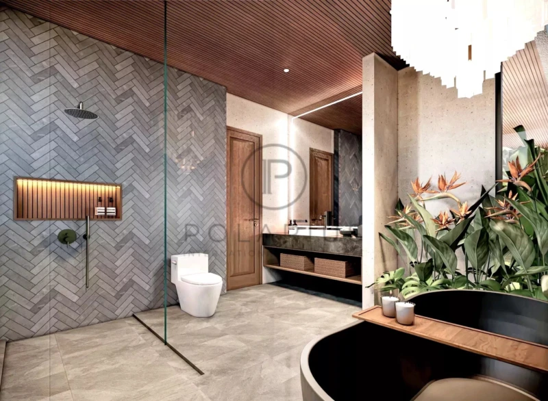 Une salle de bains moderne avec une douche en verre, des murs en motifs de chevrons, un lavabo contemporain et des plantes décoratives.