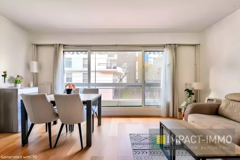 Un salon moderne et lumineux avec un parquet et  grande fenêtre donnant sur balcon