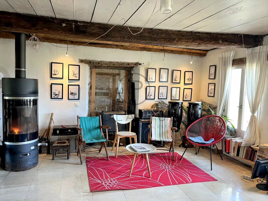 Salon cosy avec décoration éclectique et lumière naturelle abondante.