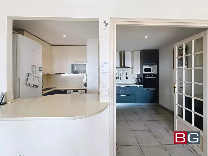 Cuisine moderne avec meubles intégrés, électroménagers et portes vitrées.