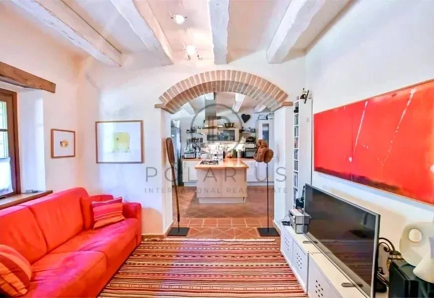 Salon lumineux avec cheminée et vue sur la cuisine ouverte.