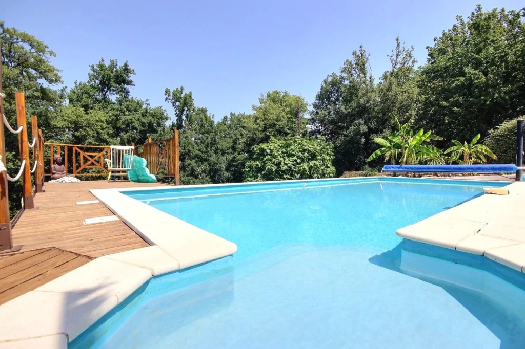 Belle maison avec une grande piscine et un espace extérieur verdoyant.