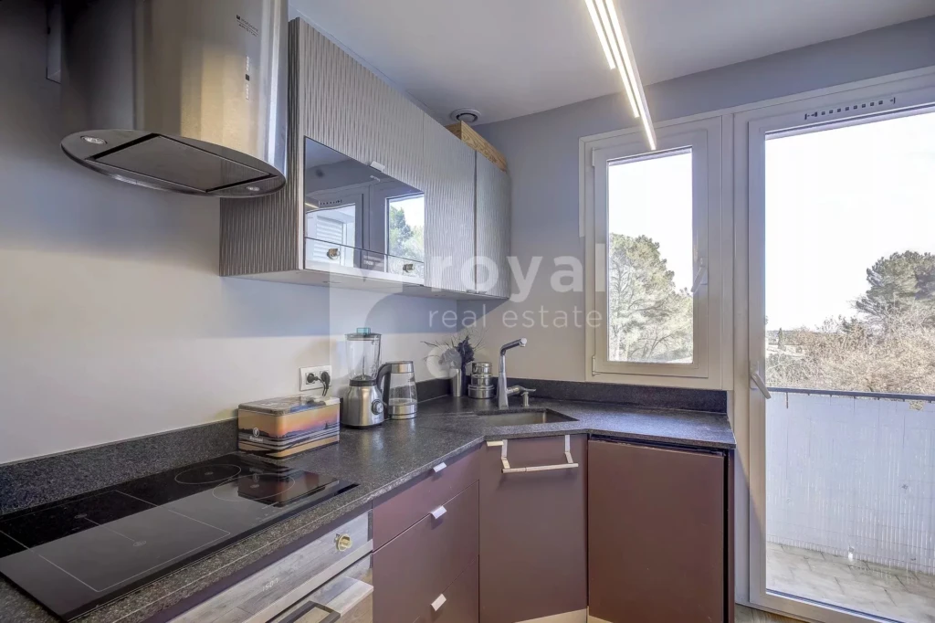 Cuisine équipée moderne dans appartement rénové à Valbonne