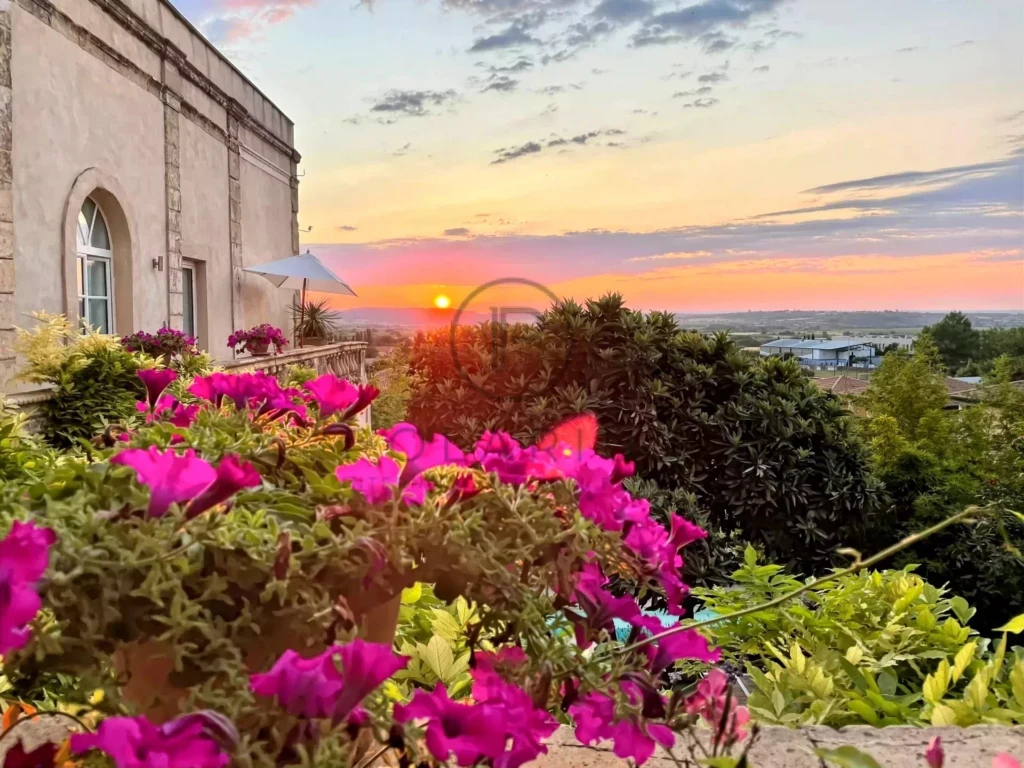 Un coucher de soleil magnifique sur un paysage verdoyant, avec des fleurs roses en premier plan et un bâtiment ancien à gauche.