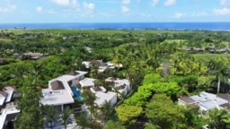 Un aperçu magnifique d'une propriété résidentielle entourée de verdure avec une vue sur l'océan à l'horizon. -Elegance Properties