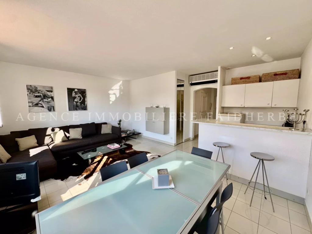Spacieux salon lumineux avec un coin repas moderne et une cuisine fonctionnelle.