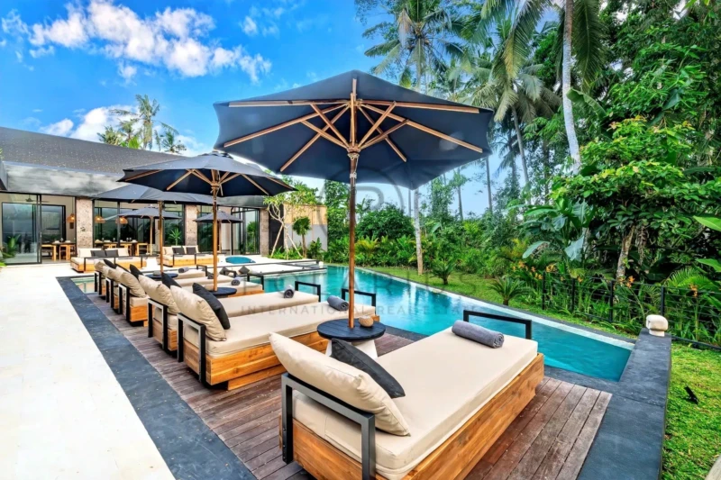 Une terrasse avec des transats et des parasols au bord d'une piscine, entourée de végétation tropicale.