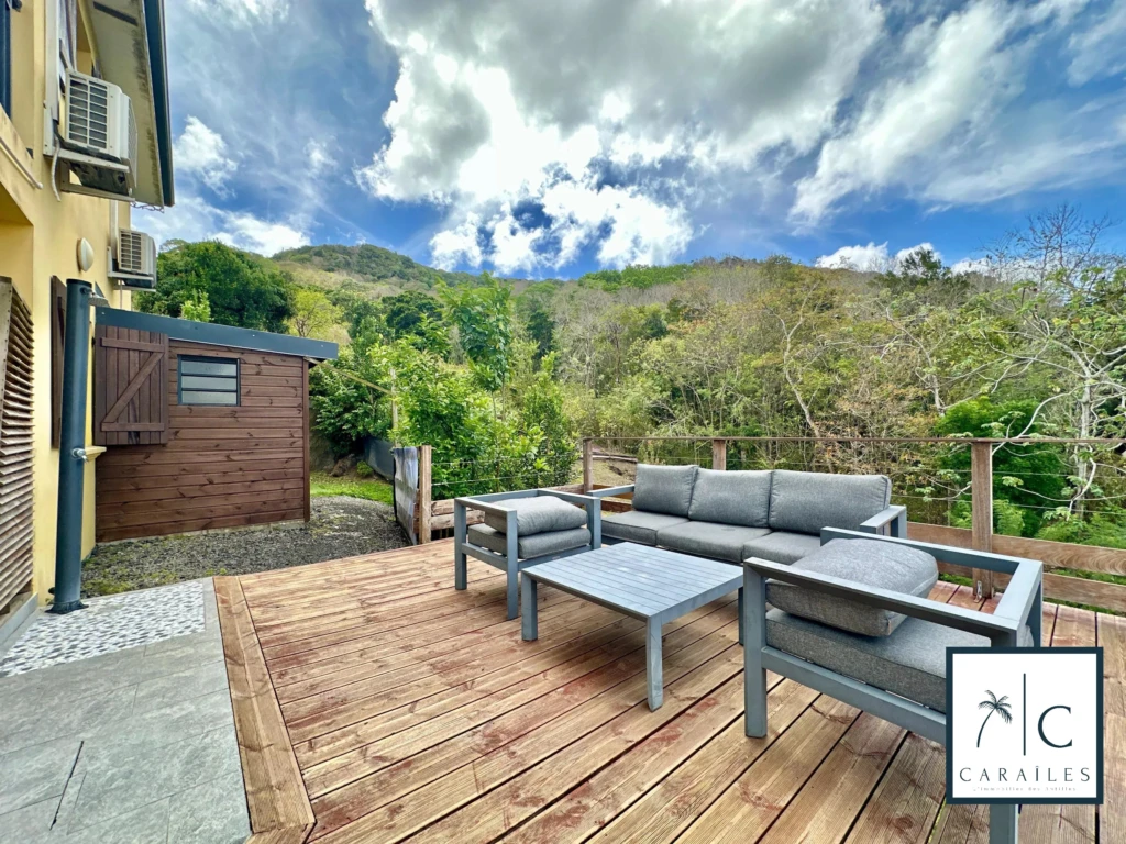 Belle terrasse en bois avec vue sur la nature verdoyante.