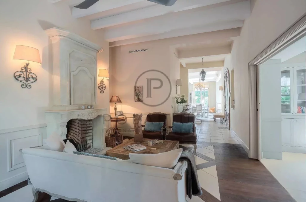 Un salon élégant et lumineux avec une cheminée, des murs clairs et un mélange de meubles classiques dans un style épuré.
