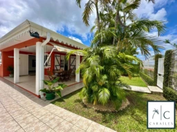 Une maison charmante avec un jardin tropical et une terrasse ombragée.