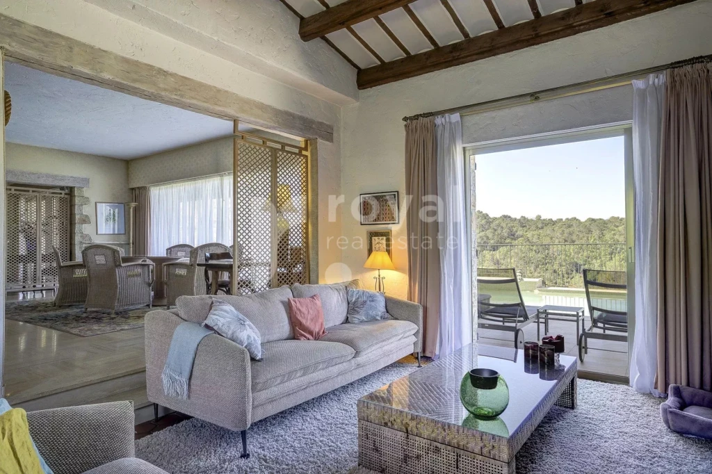 Coin lounge avec cheminée et vue sur jardin dans une belle villa