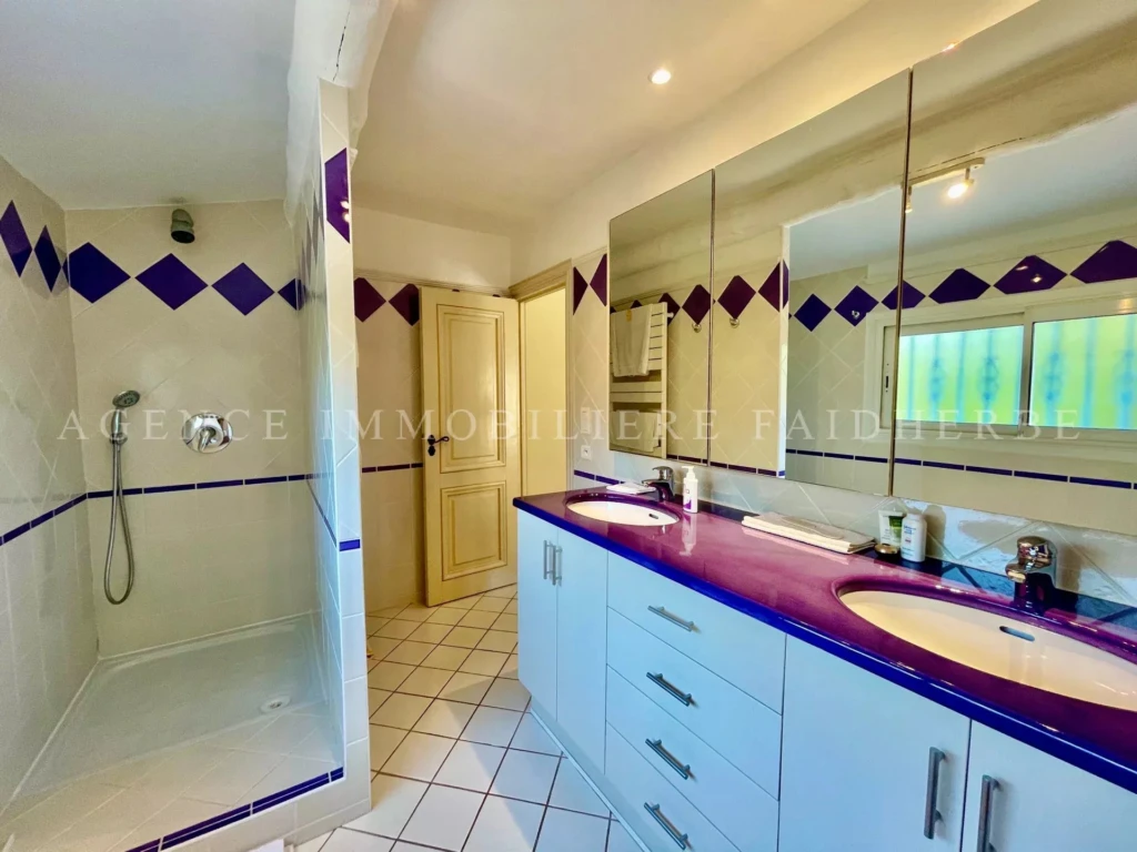 Salle de bains lumineuse avec douche et grand miroir dans une maison à vendre.