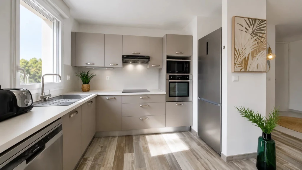 Cuisine américaine entièrement équipée avec nombreux rangements, électroménager encastré et fenêtre sur l'extérieur.