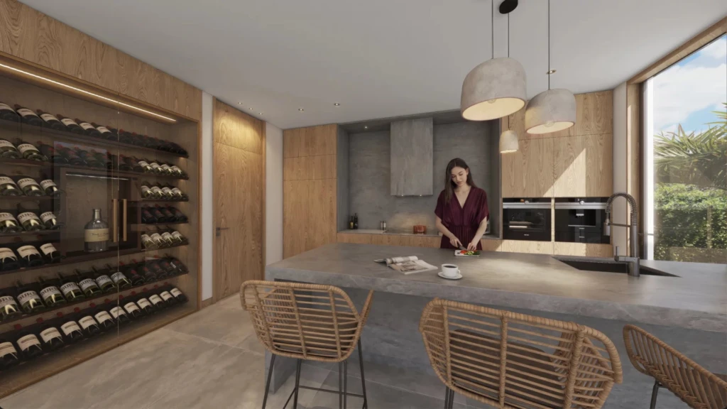 Cuisine moderne avec un espace de vie lumineux et une vue agréable. -Elegance Properties