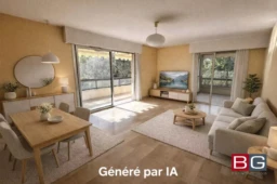 Un salon lumineux et moderne avec une décoration sobre, comprenant un canapé, une table basse, une table à manger, et une grande baie vitrée ouvrant sur un balcon.