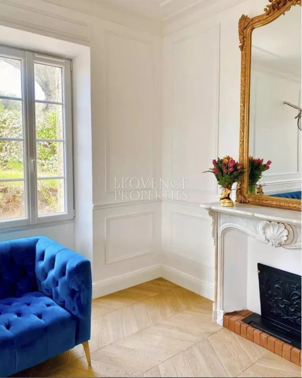 Zoom sur le charme du salon, associant un magnifique miroir doré sur trumeau, des soubassements en boiseries et un parquet d'origine impeccable.