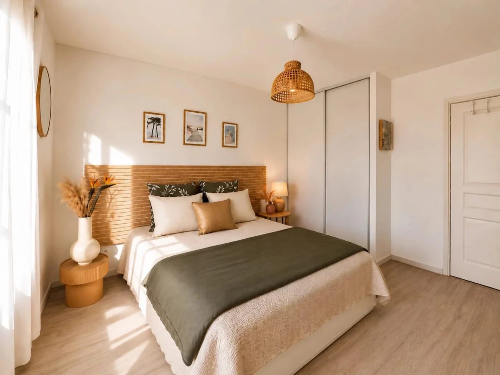 Chambre principale élégante avec tête de lit en bois et grand placard-dressing intégré.